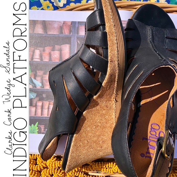 Indigo Shoes - Indigo by Clark’s Cork Wedge Black Leather Sandals